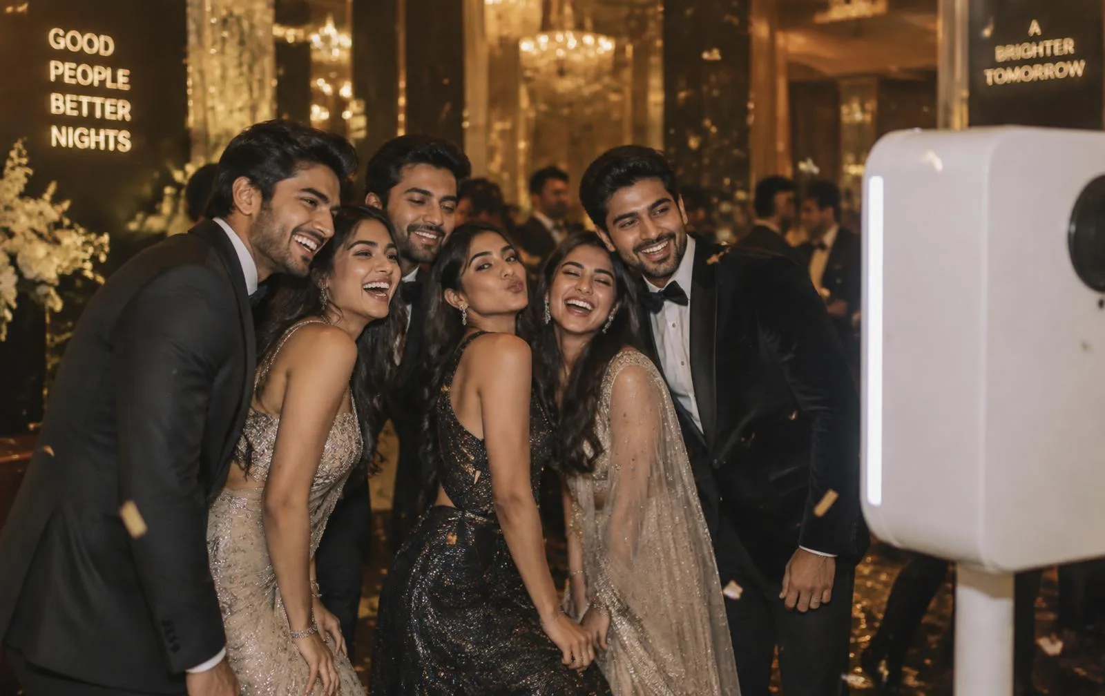 Indian guests enjoying a photo booth at a wedding